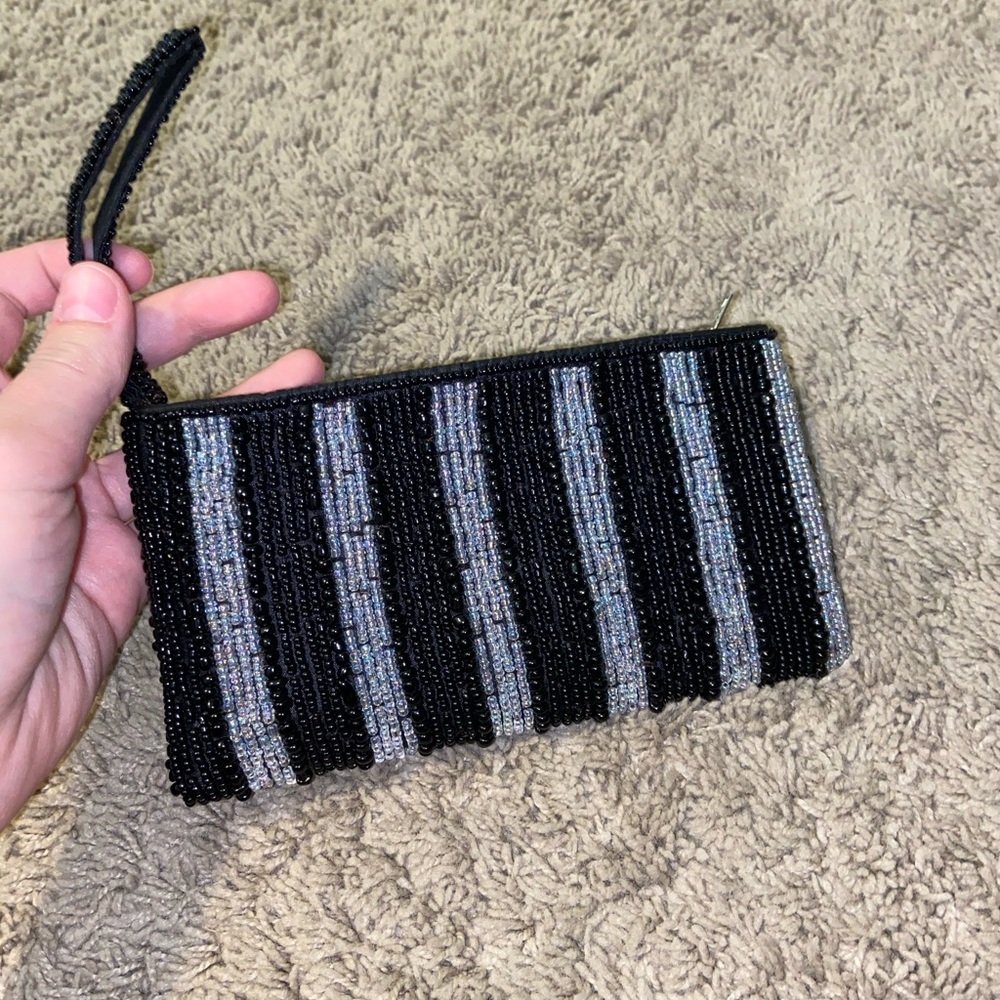 Hand beaded Black and Silver Clutch